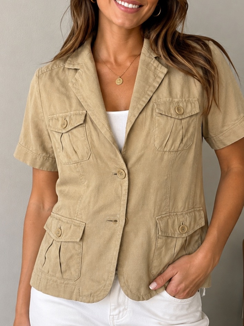 Banana Republic Utility Jacket | Size 8 | Short Sleeve Safari Jacket | Khaki Tan